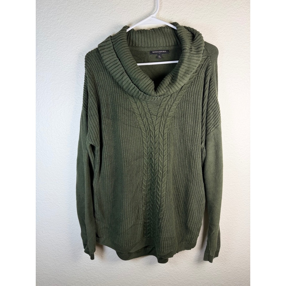 BANANA REPUBLIC Sweater W XL Green Fisherman Cowl Cable Knit Oversized Viscose